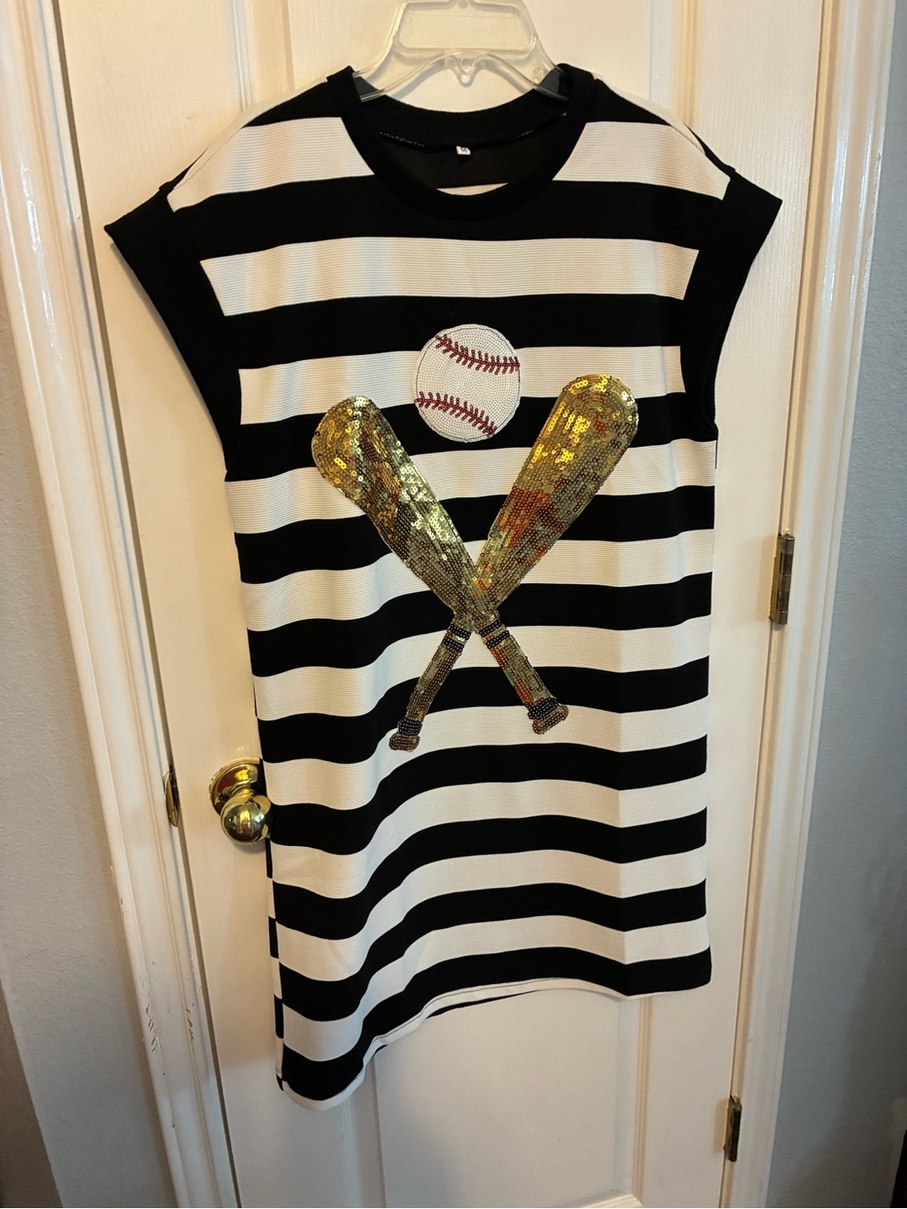 Striped Black and White Midi Dress with Gold Sequin Baseball Motif